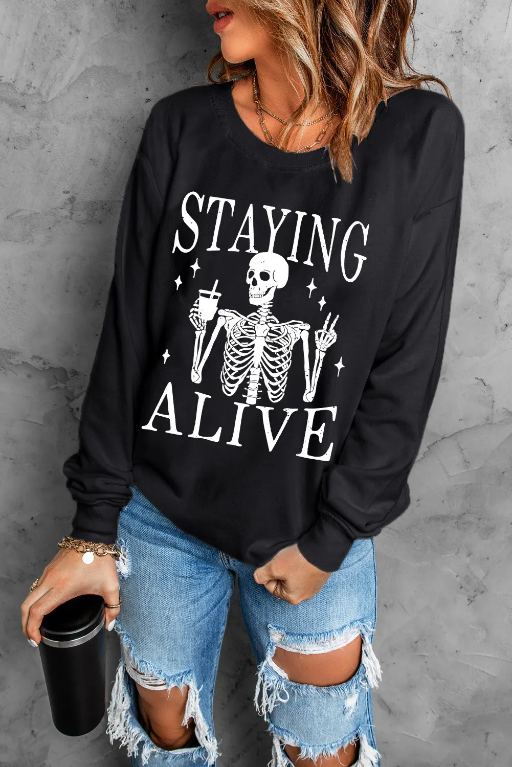 Skull Graphic Round Neck Long Sleeve Sweatshirt - Image 2