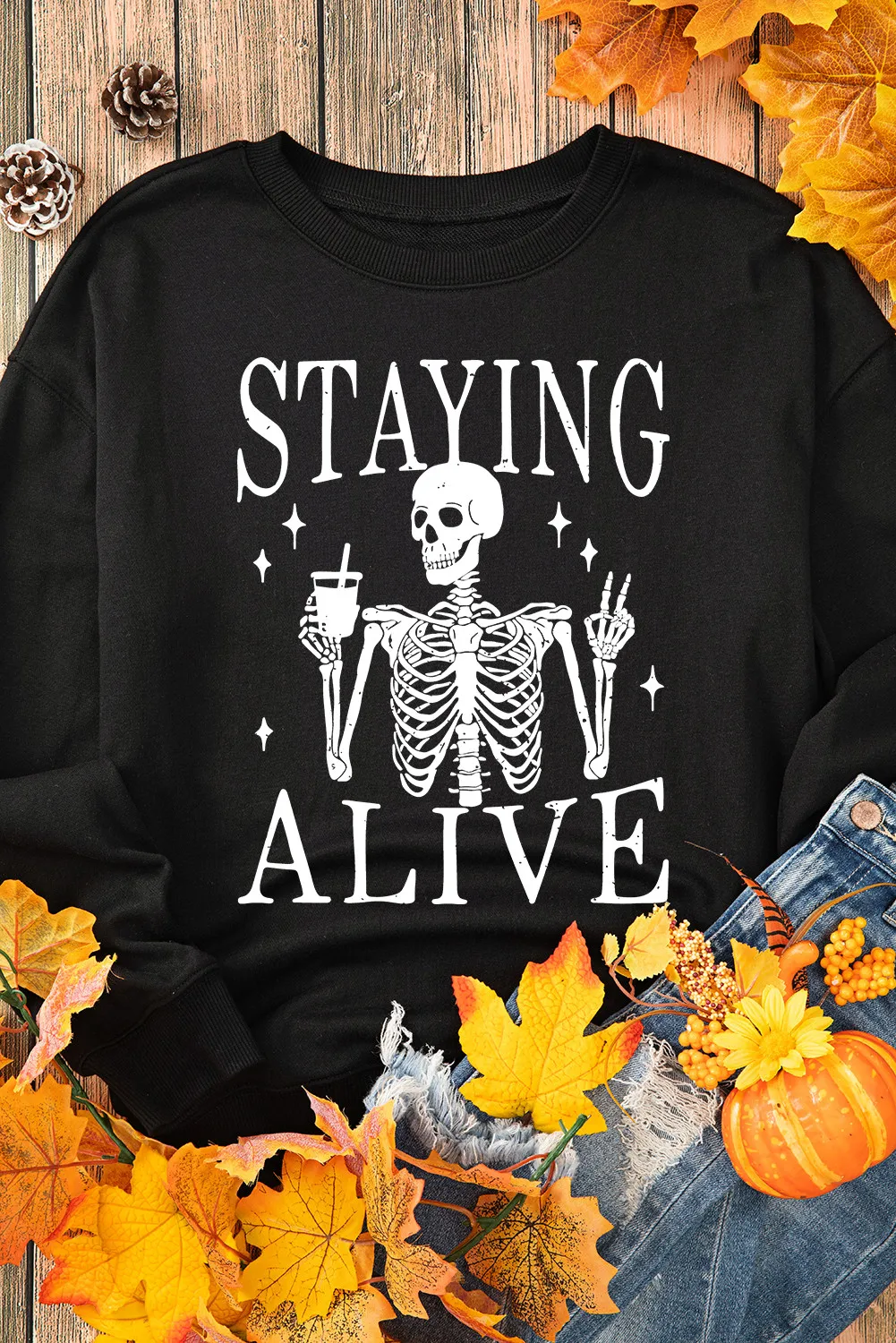 Skull Graphic Round Neck Long Sleeve Sweatshirt - Image 4