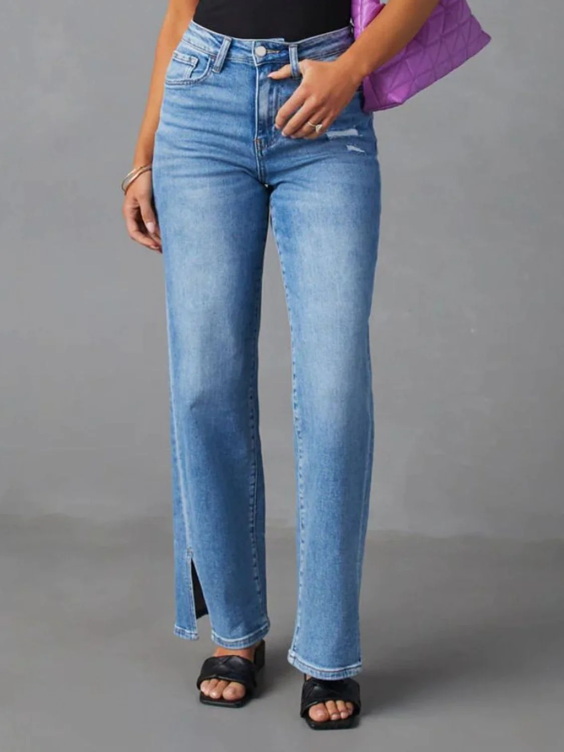 Slit Buttoned Jeans with Pockets - Image 3