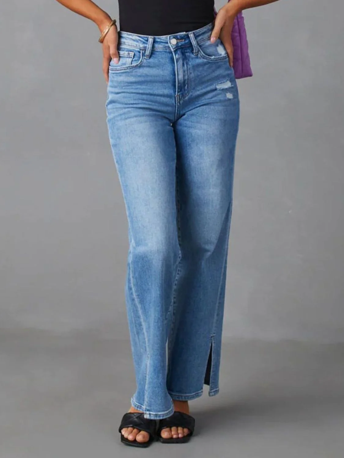 Slit Buttoned Jeans with Pockets - Image 4