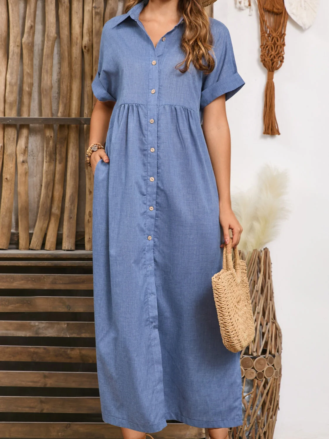 Slit Collared Neck Short Sleeve Midi Dress - Image 3