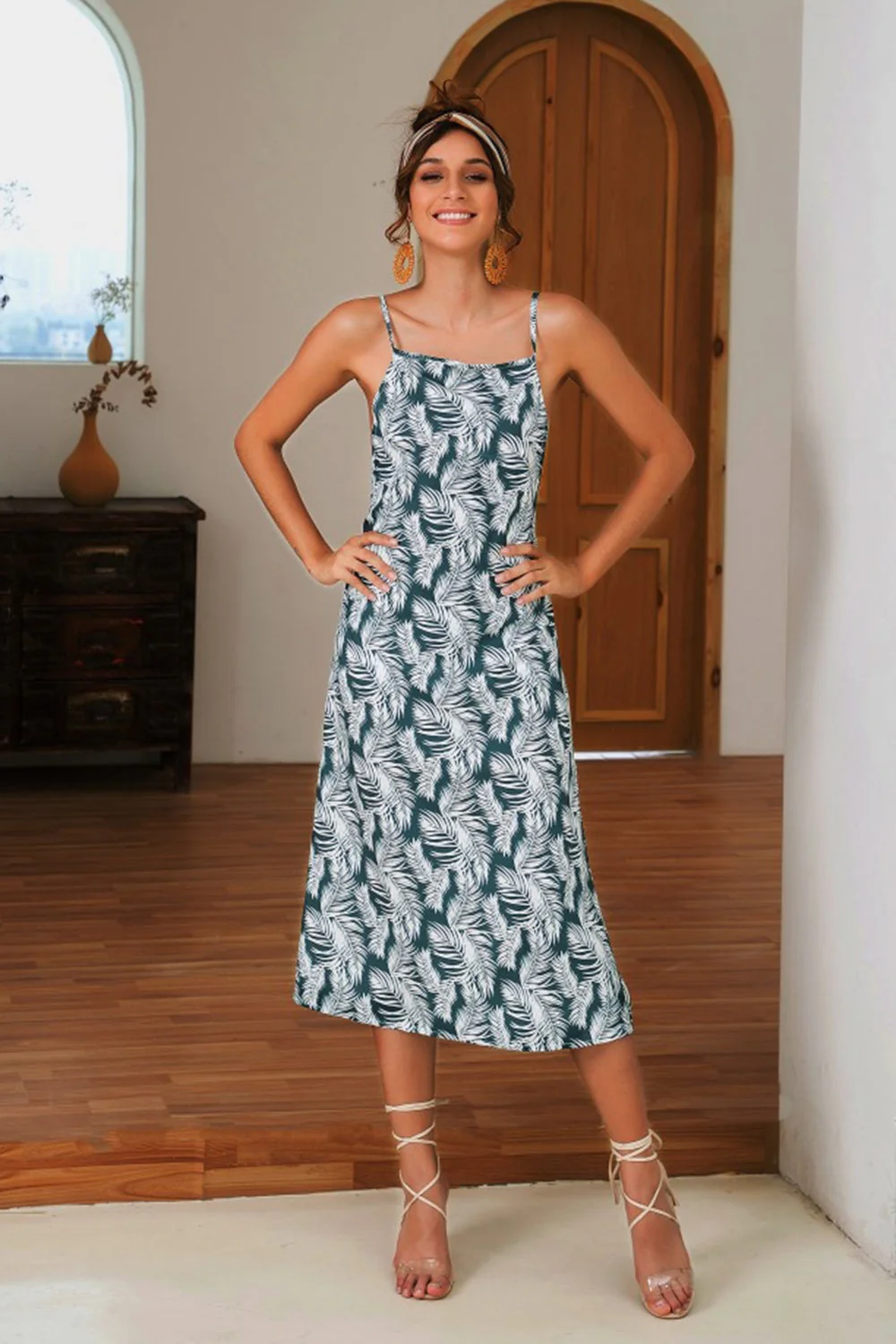 Slit Crisscross Printed Sleeveless Cami Dress - Image 11