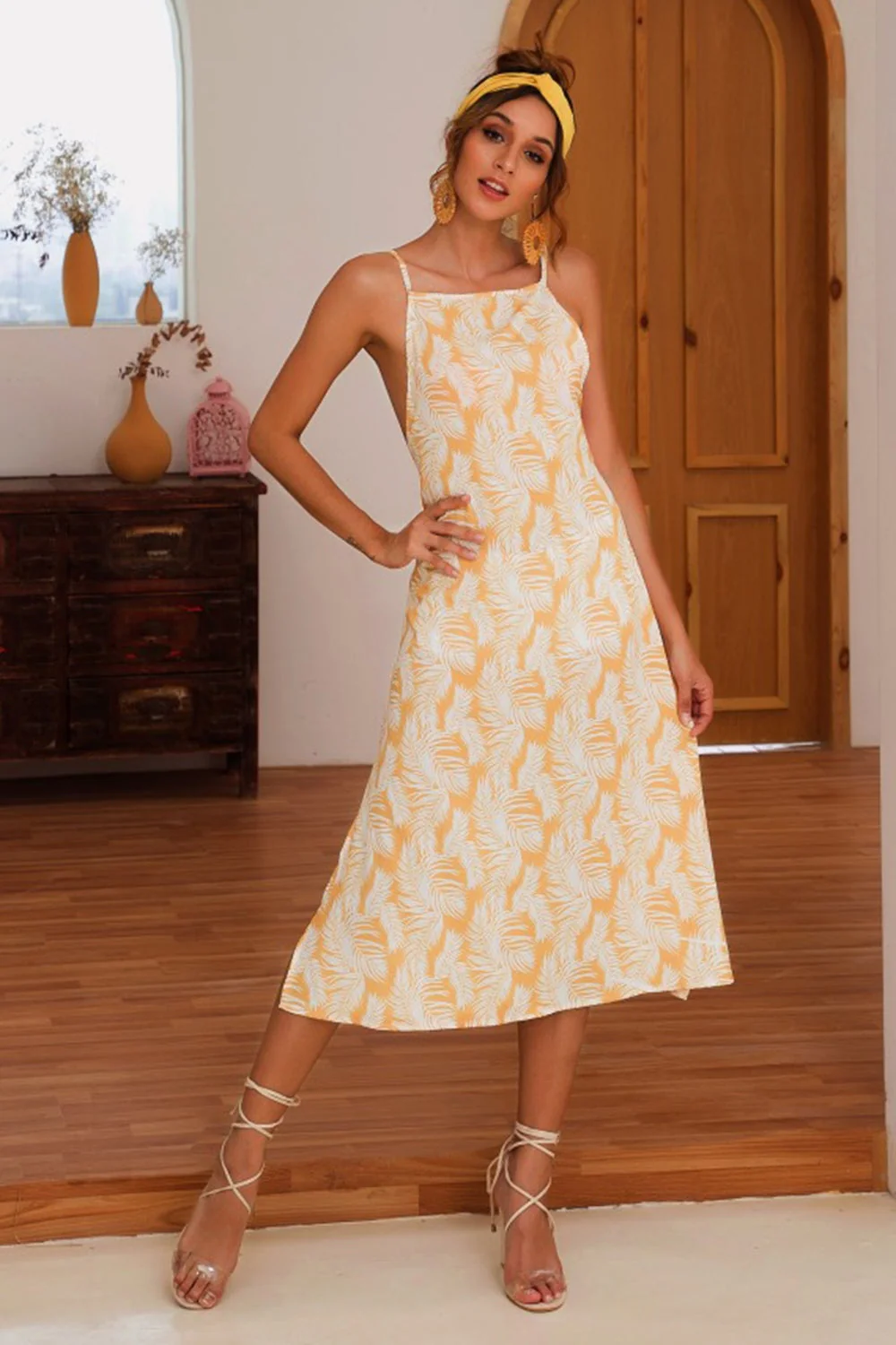 Slit Crisscross Printed Sleeveless Cami Dress - Image 2