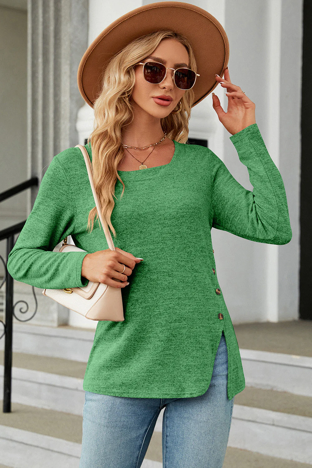 Slit Decorative Button Square Neck T-Shirt - Image 13