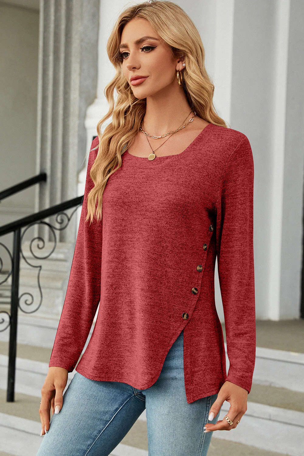 Slit Decorative Button Square Neck T-Shirt - Image 3