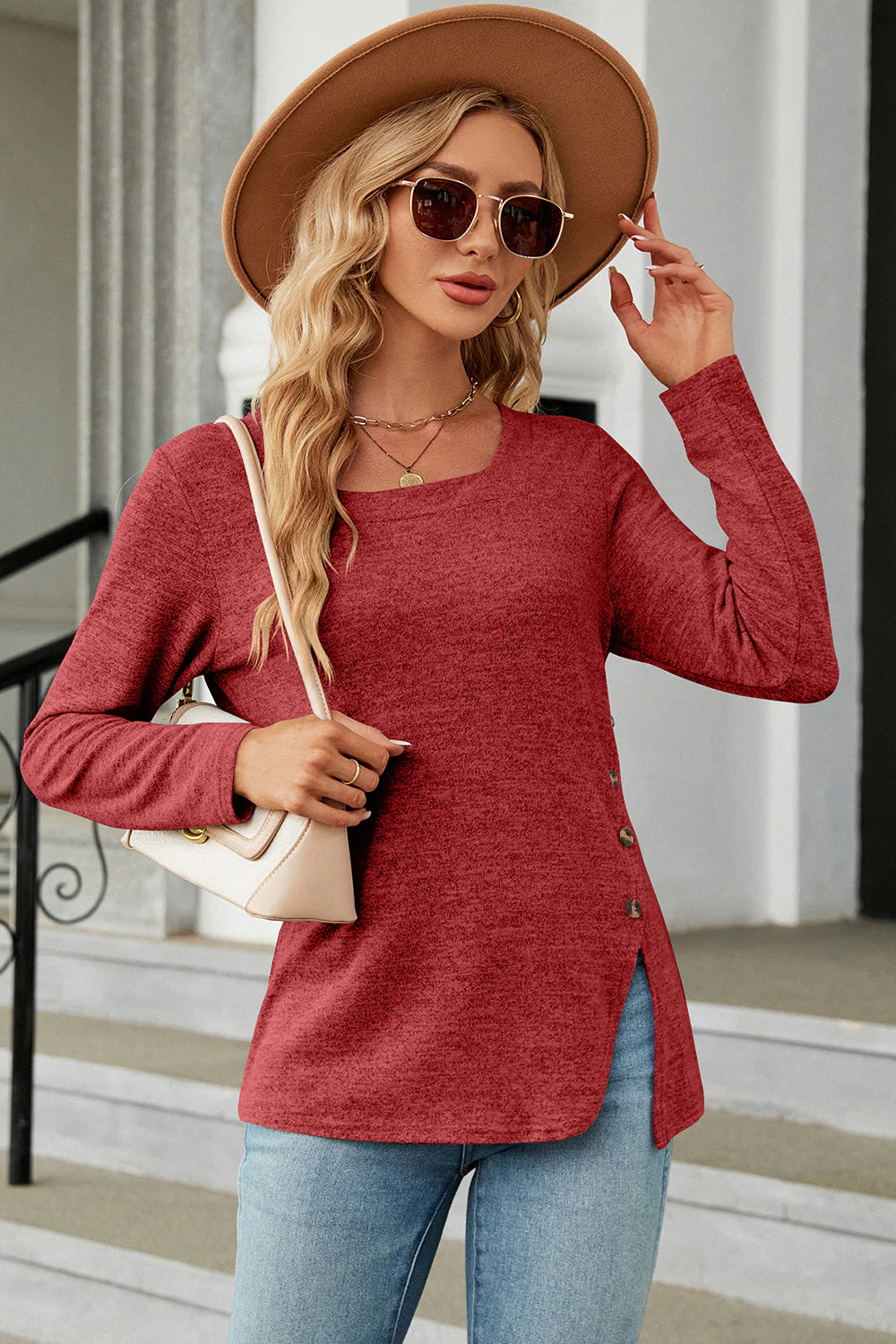 Slit Decorative Button Square Neck T-Shirt - Image 4