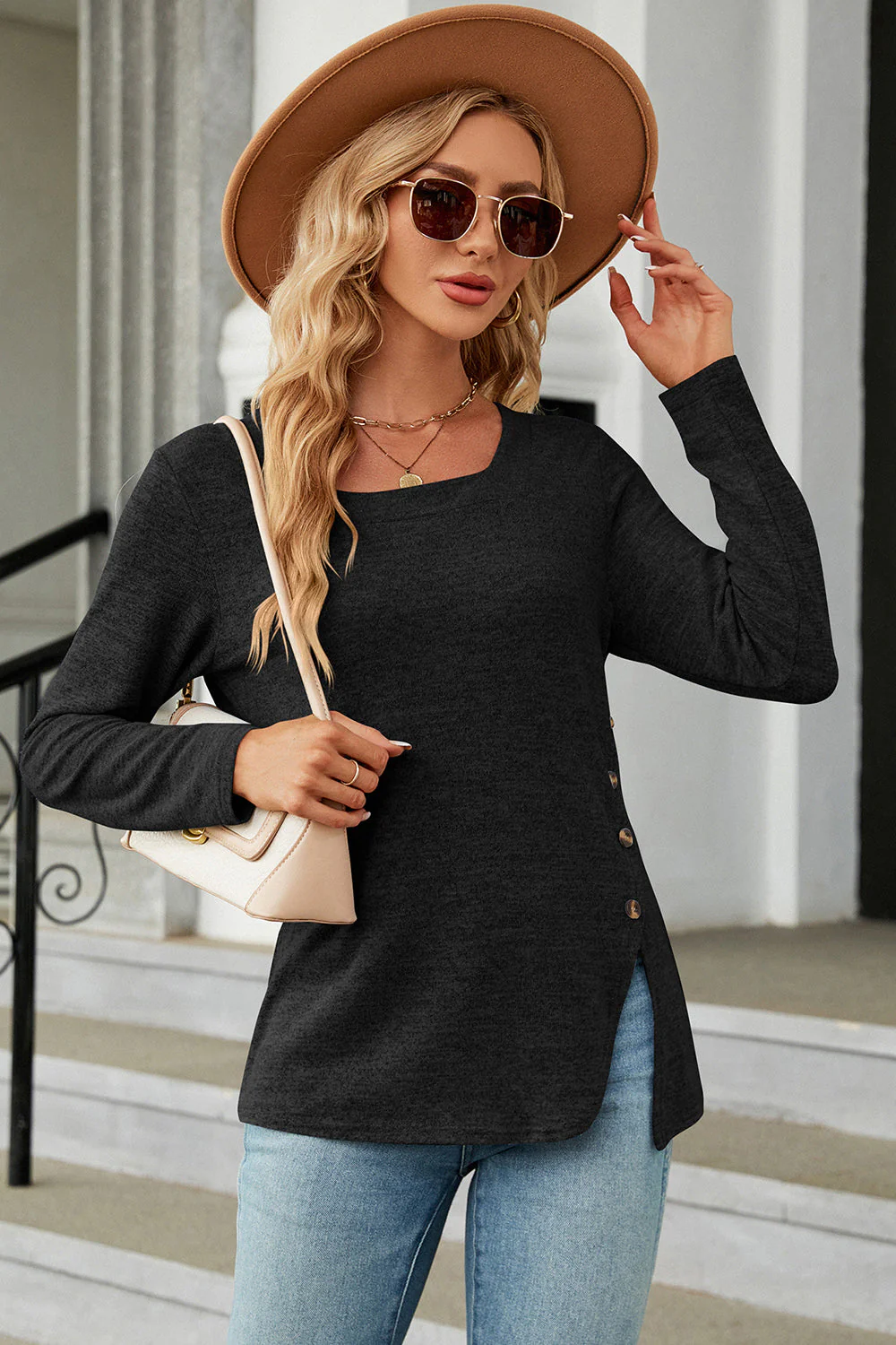 Slit Decorative Button Square Neck T-Shirt - Image 7