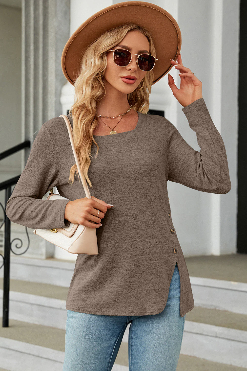 Slit Decorative Button Square Neck T-Shirt - Image 9