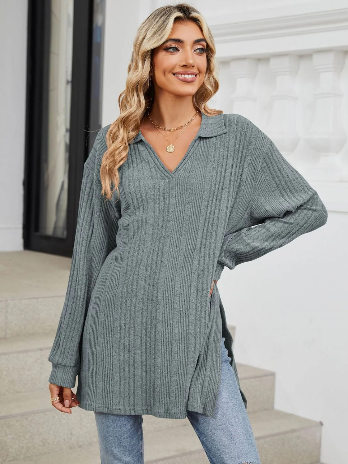 Slit Johnny Collar Long Sleeve T-Shirt - Image 10