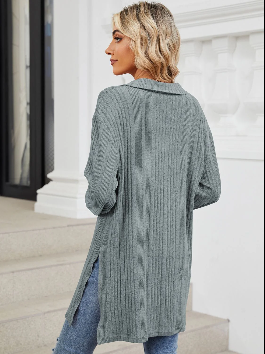 Slit Johnny Collar Long Sleeve T-Shirt - Image 11