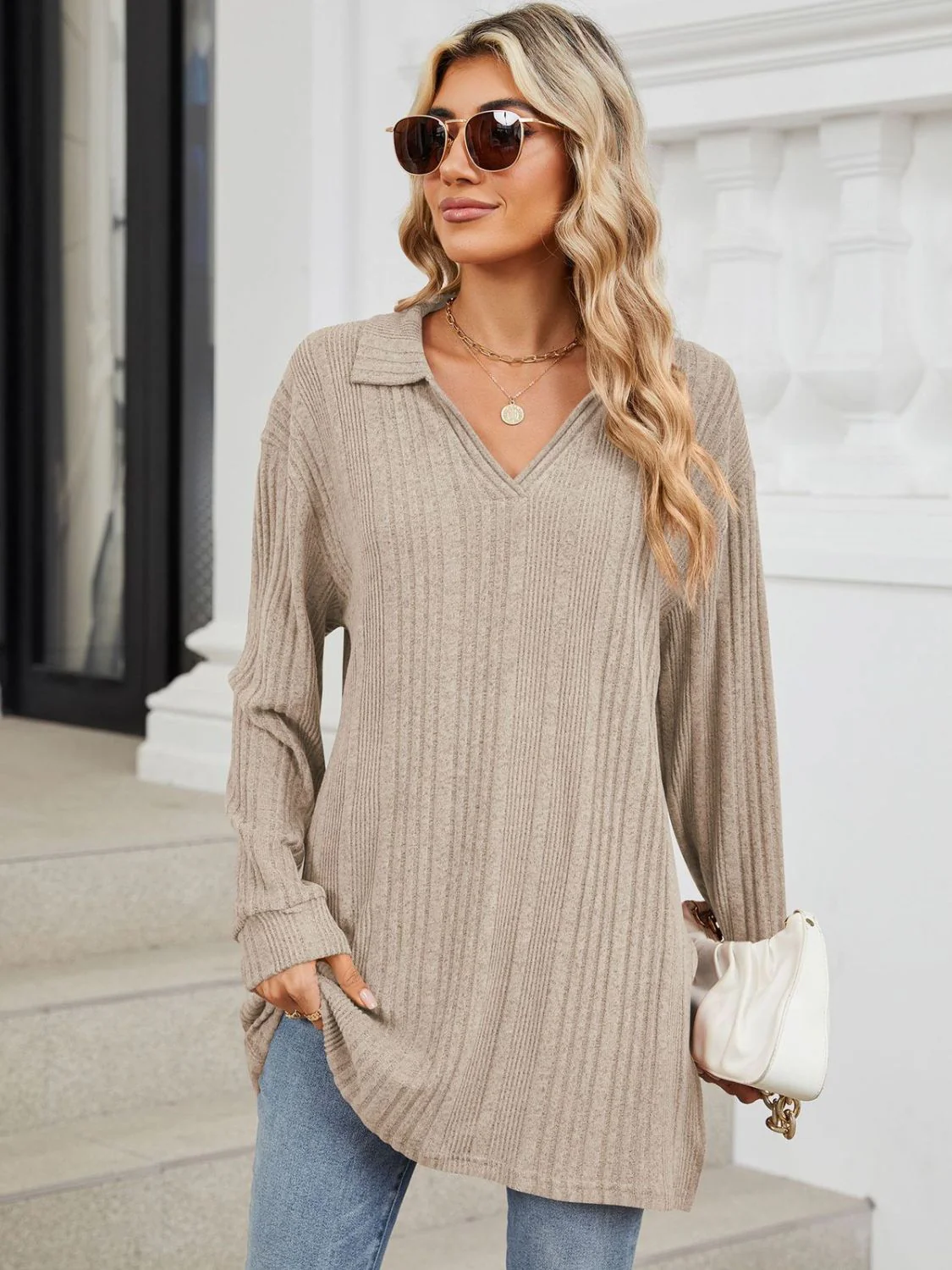 Slit Johnny Collar Long Sleeve T-Shirt - Image 12
