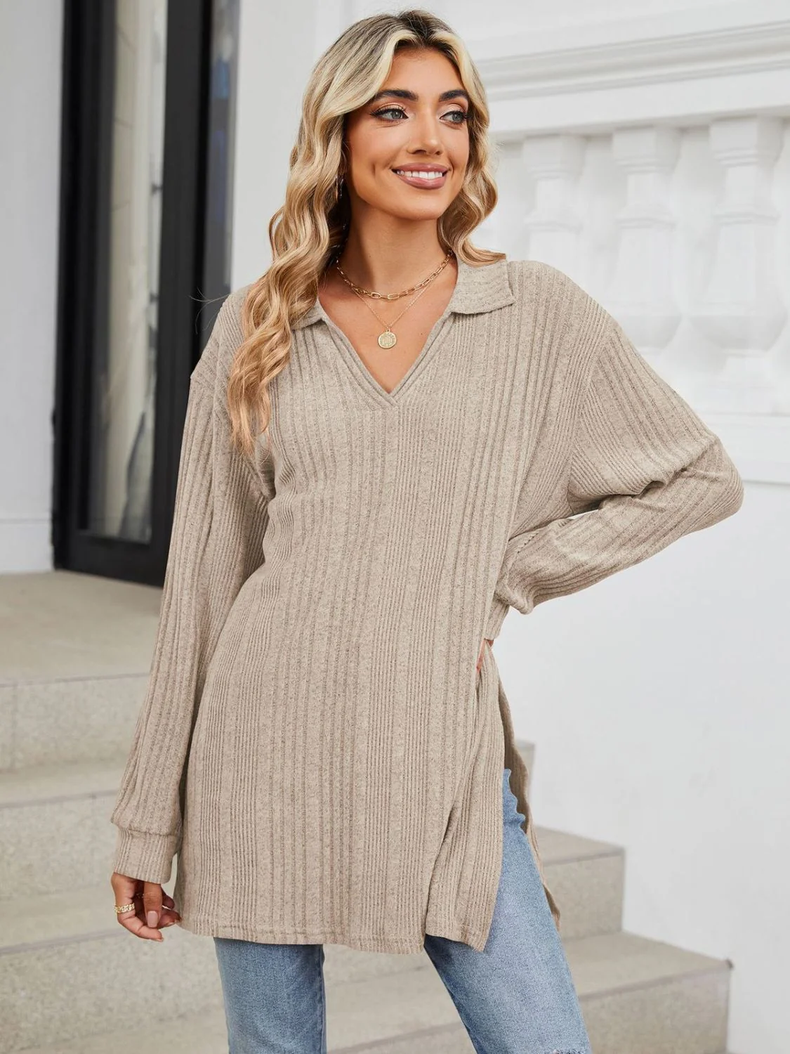 Slit Johnny Collar Long Sleeve T-Shirt - Image 15