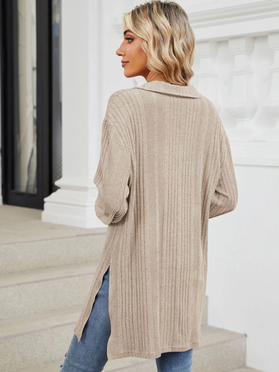 Slit Johnny Collar Long Sleeve T-Shirt - Image 17
