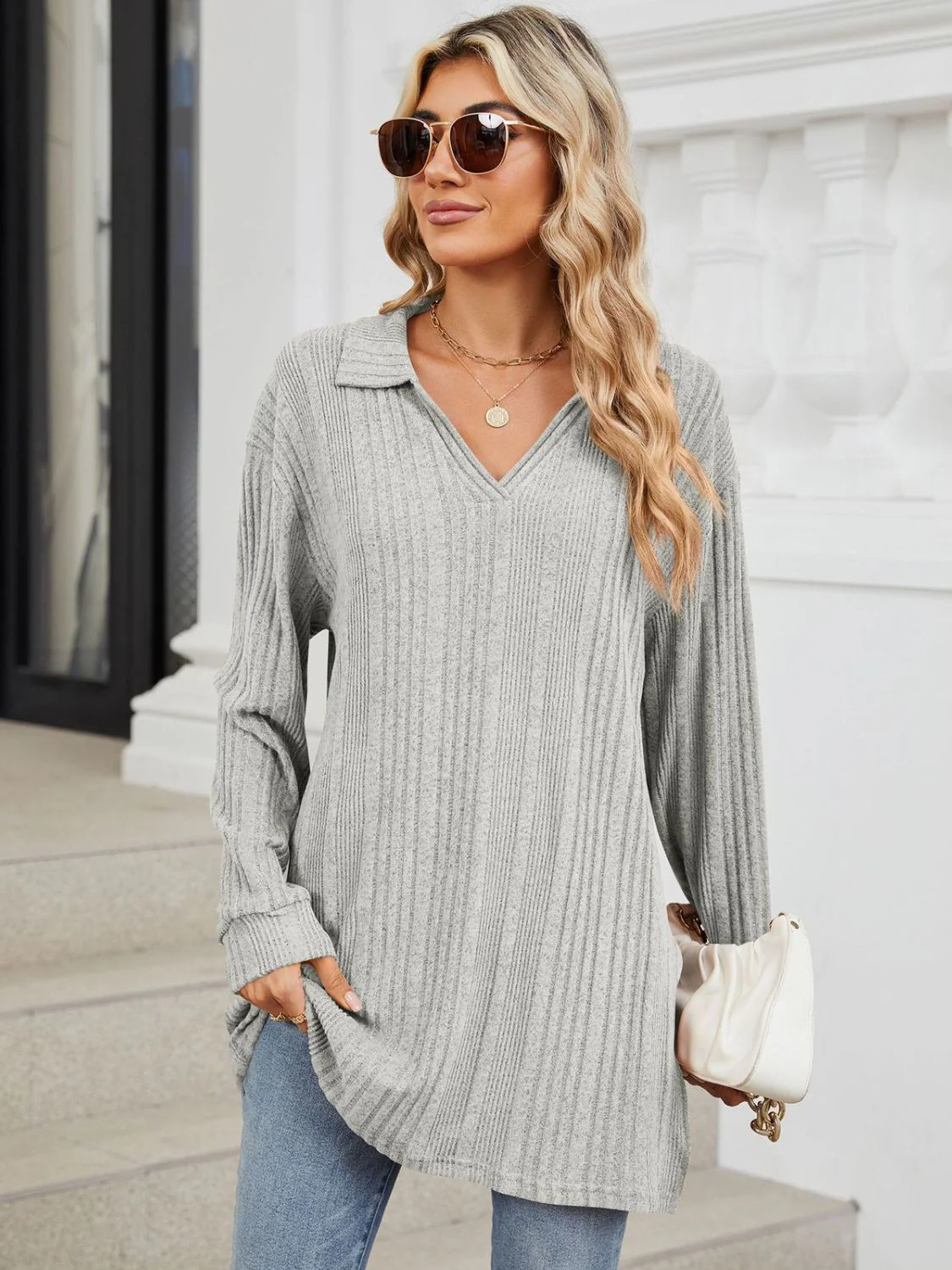 Slit Johnny Collar Long Sleeve T-Shirt - Image 18