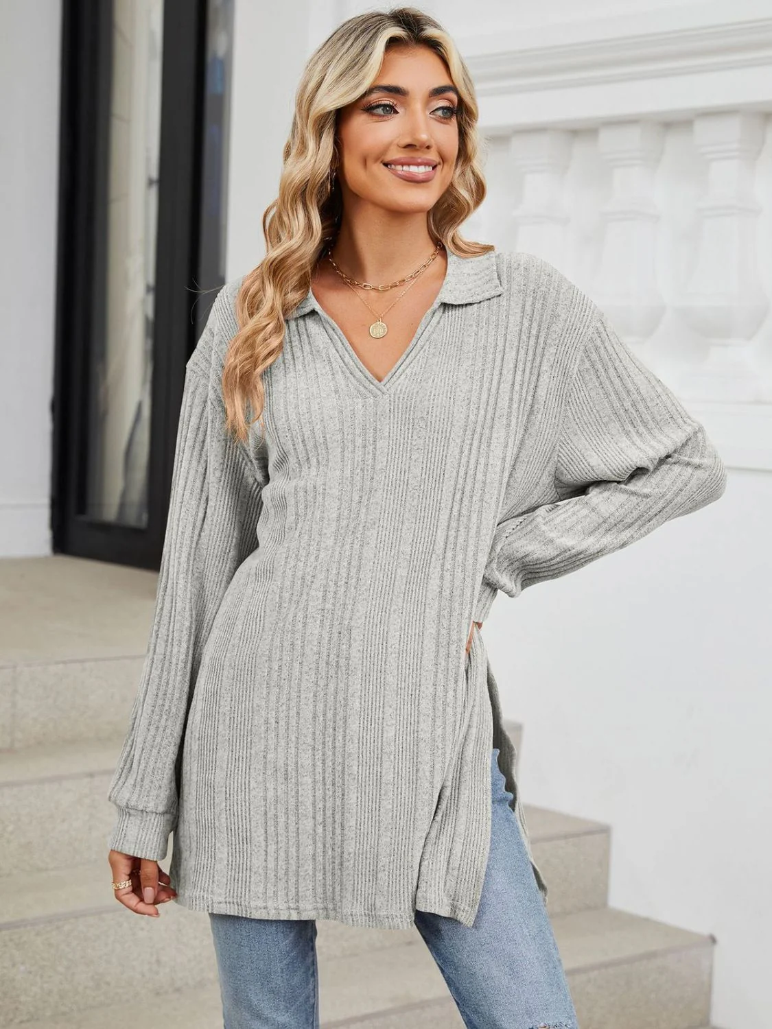 Slit Johnny Collar Long Sleeve T-Shirt - Image 19