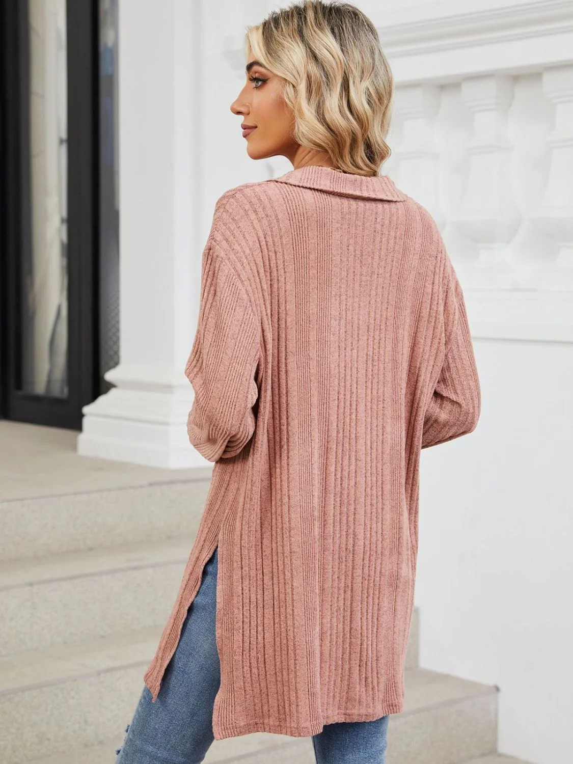 Slit Johnny Collar Long Sleeve T-Shirt - Image 2