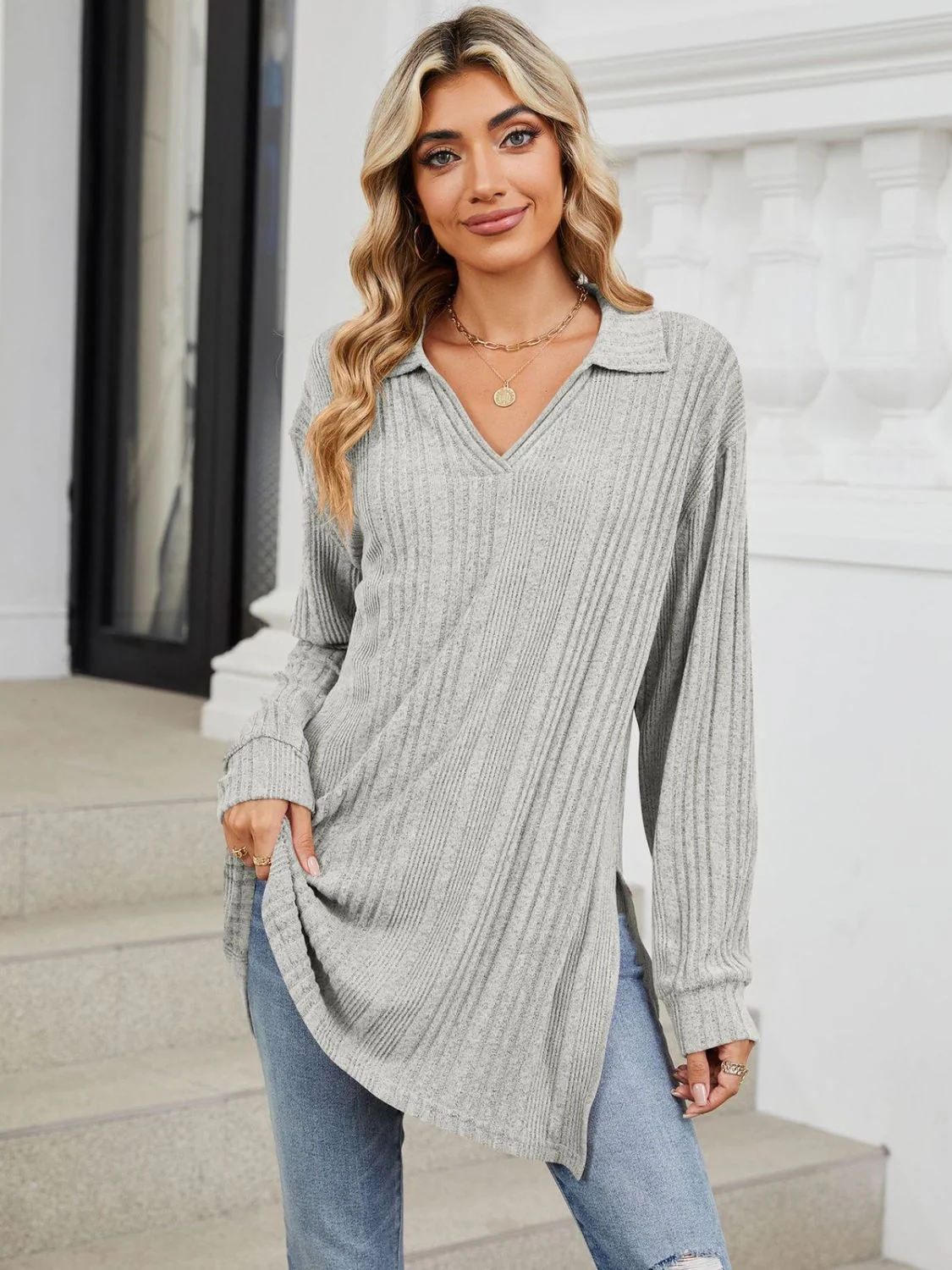 Slit Johnny Collar Long Sleeve T-Shirt - Image 20