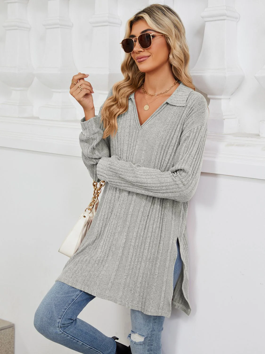 Slit Johnny Collar Long Sleeve T-Shirt - Image 22