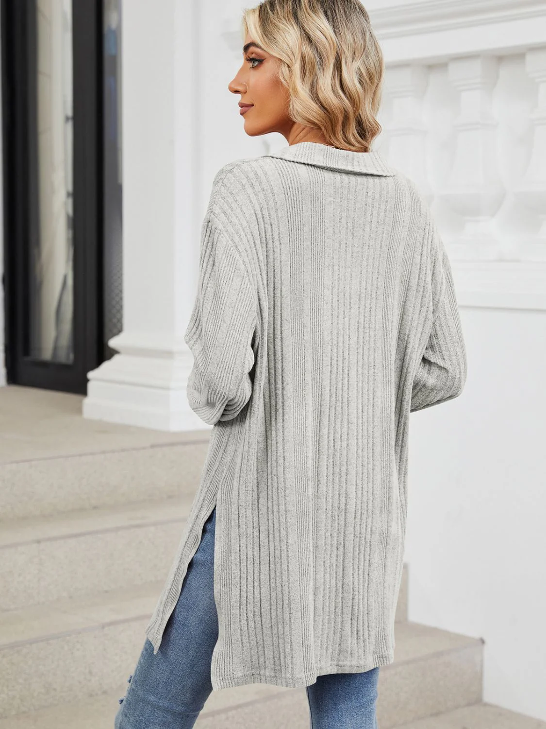 Slit Johnny Collar Long Sleeve T-Shirt - Image 23