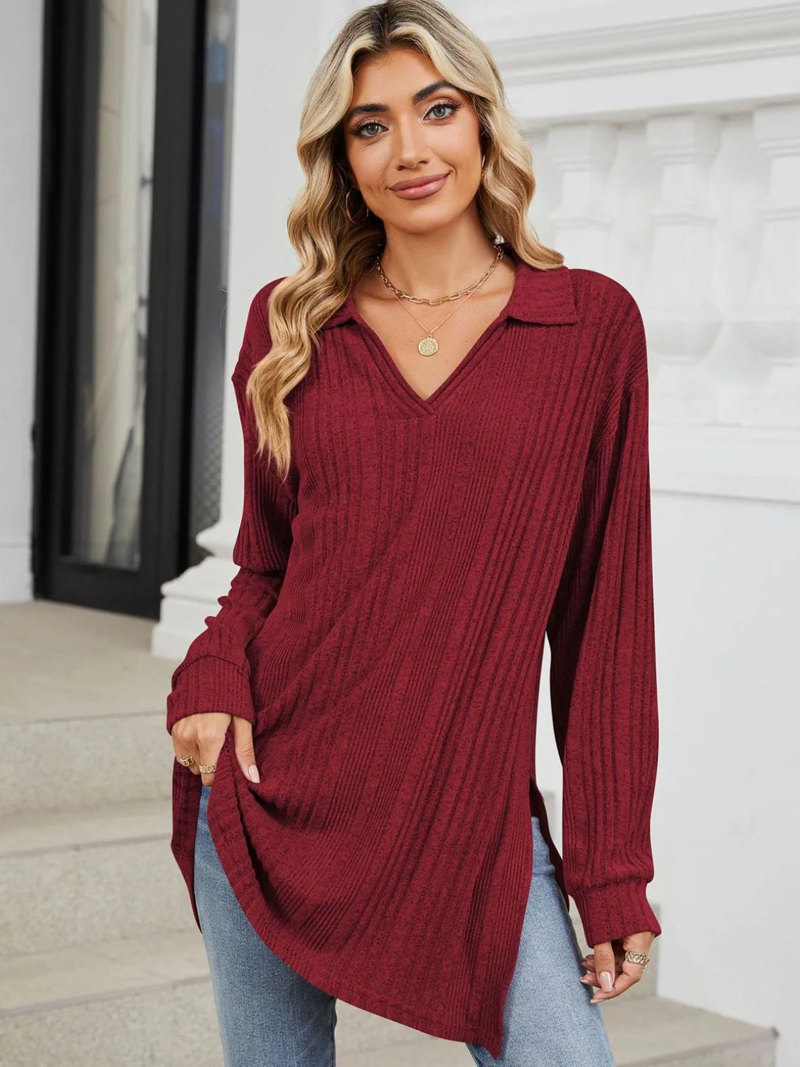 Slit Johnny Collar Long Sleeve T-Shirt - Image 24
