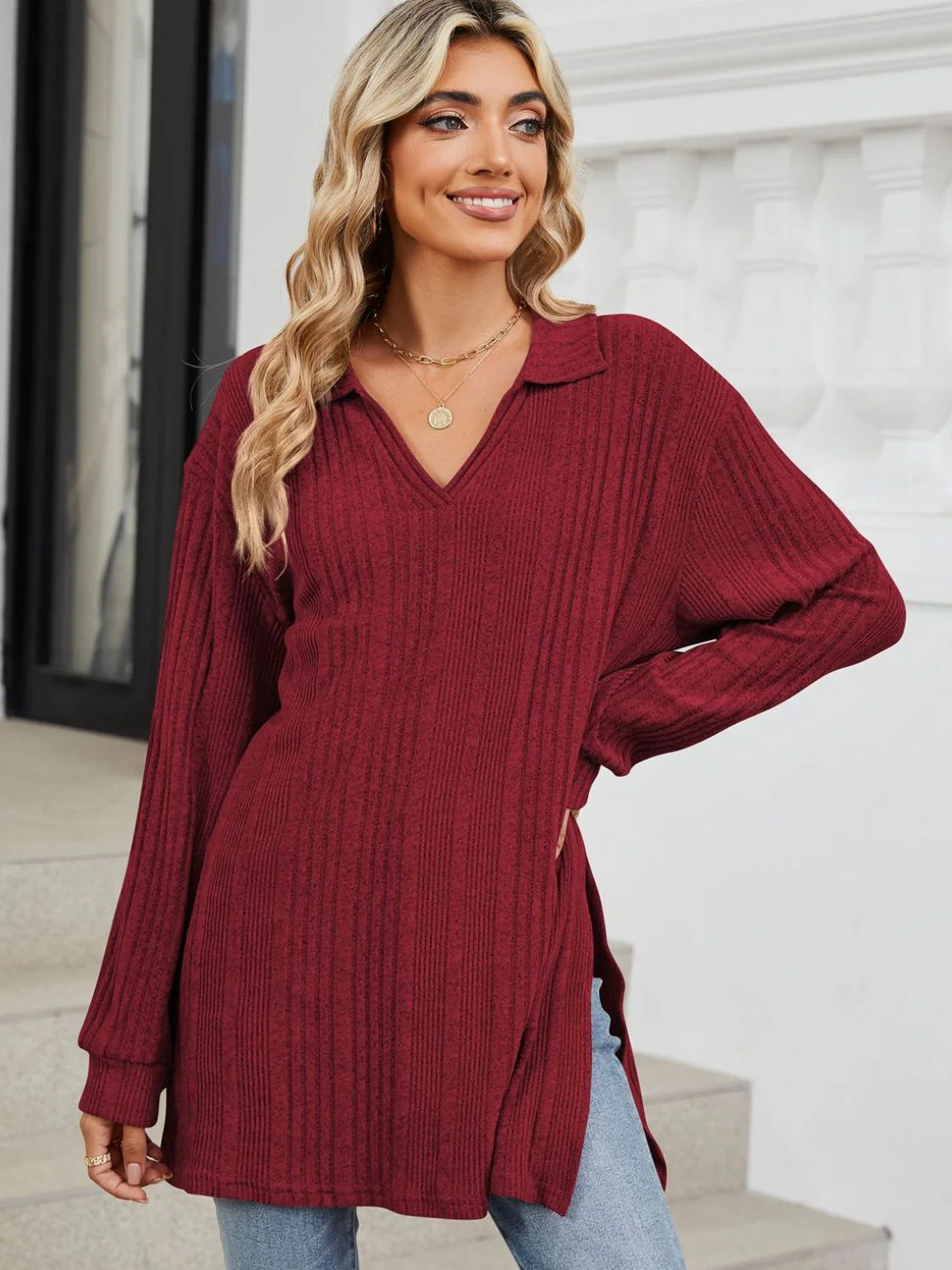 Slit Johnny Collar Long Sleeve T-Shirt - Image 25