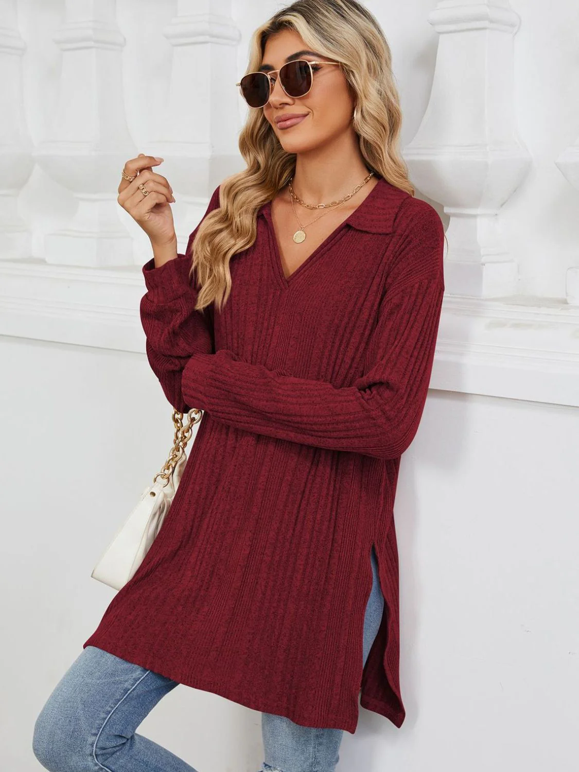 Slit Johnny Collar Long Sleeve T-Shirt - Image 26