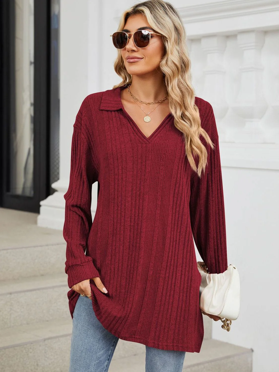 Slit Johnny Collar Long Sleeve T-Shirt - Image 27