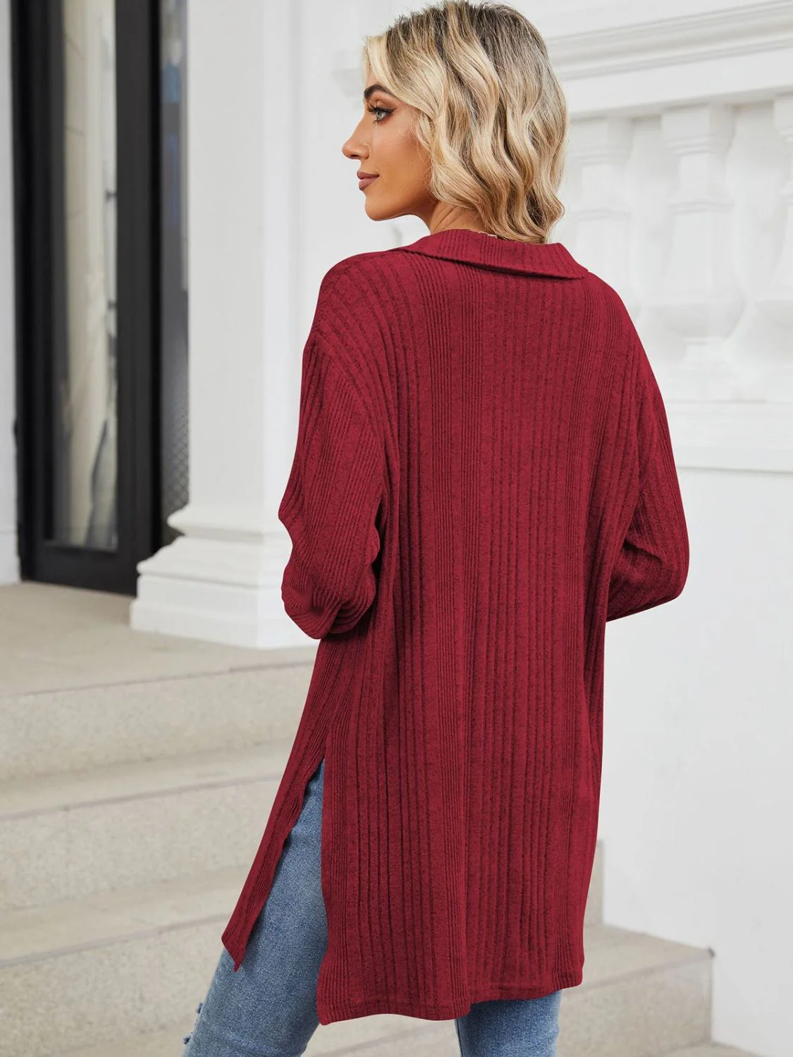 Slit Johnny Collar Long Sleeve T-Shirt - Image 28