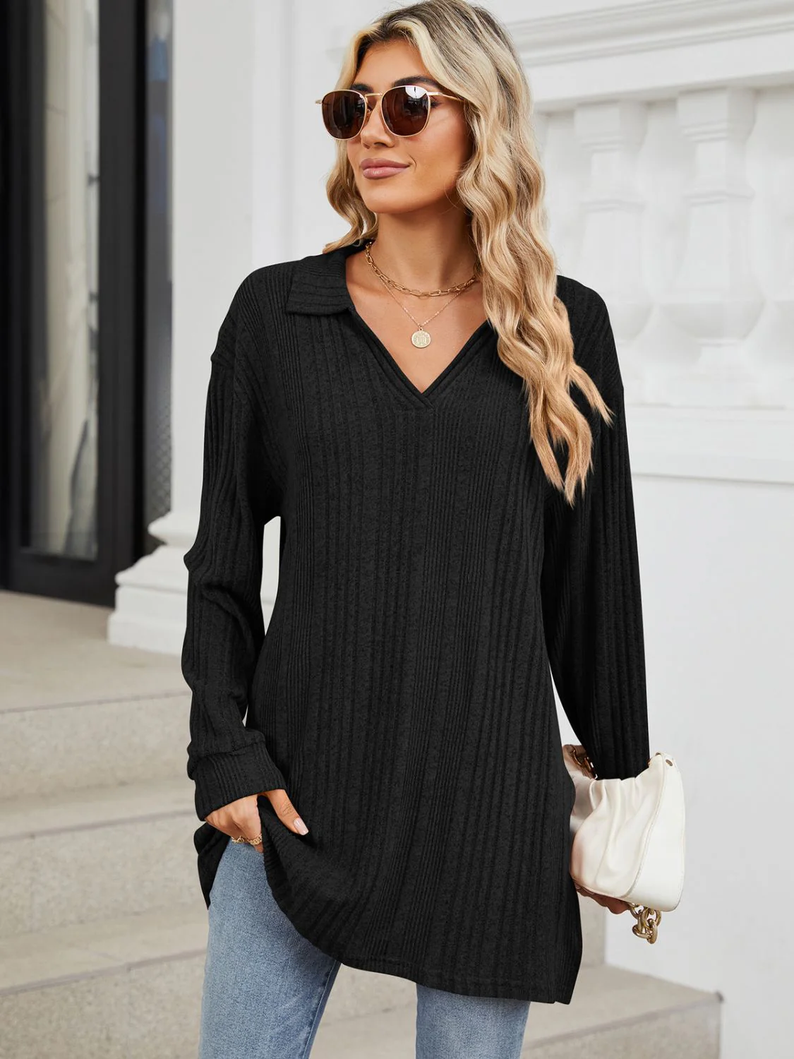 Slit Johnny Collar Long Sleeve T-Shirt - Image 29
