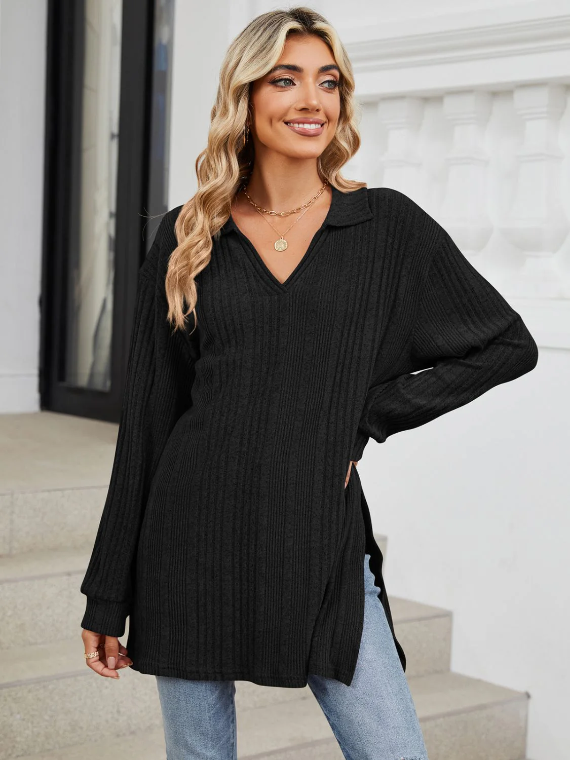 Slit Johnny Collar Long Sleeve T-Shirt - Image 30