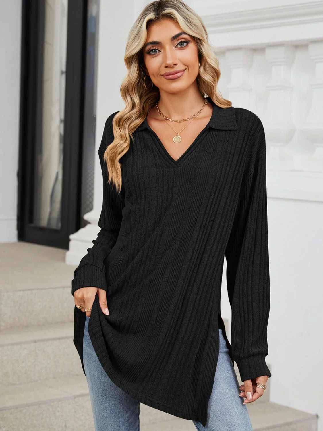 Slit Johnny Collar Long Sleeve T-Shirt - Image 31