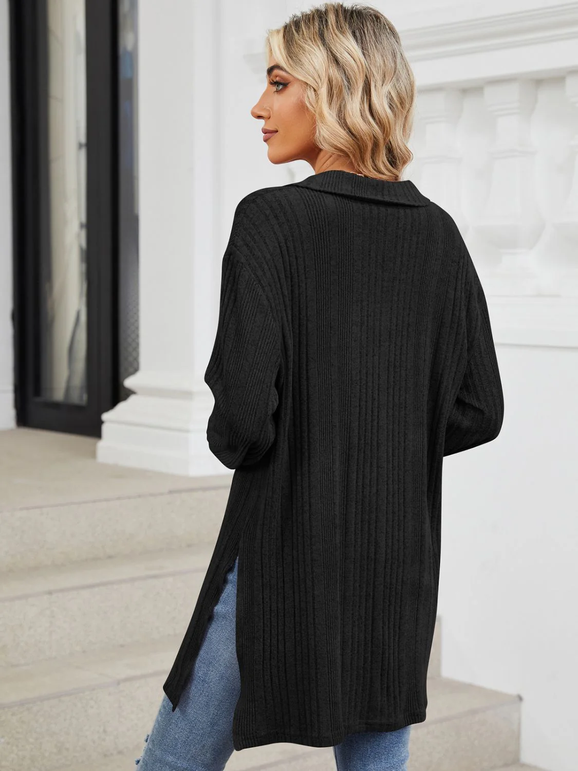 Slit Johnny Collar Long Sleeve T-Shirt - Image 33
