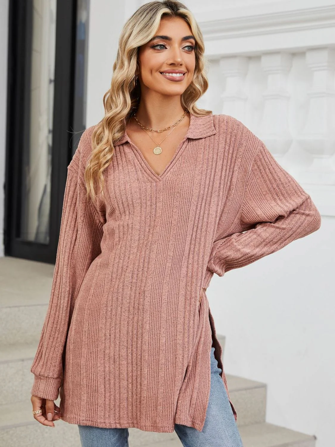 Slit Johnny Collar Long Sleeve T-Shirt - Image 4