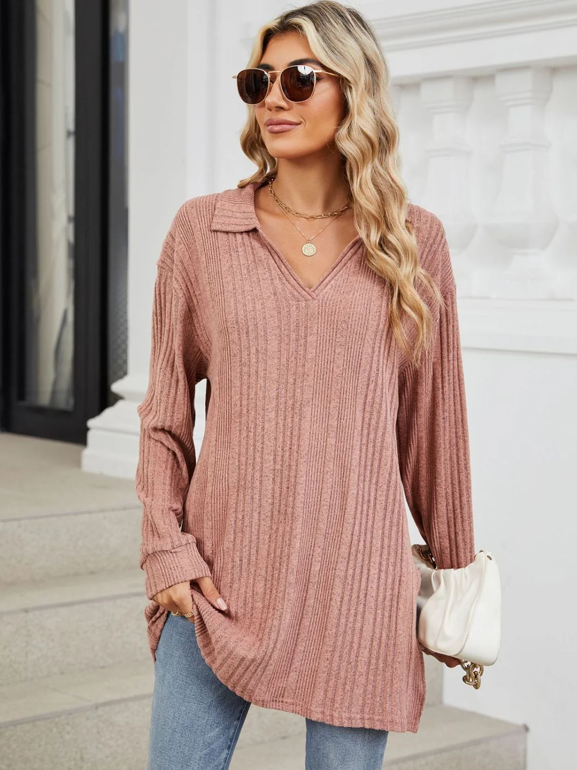 Slit Johnny Collar Long Sleeve T-Shirt - Image 5