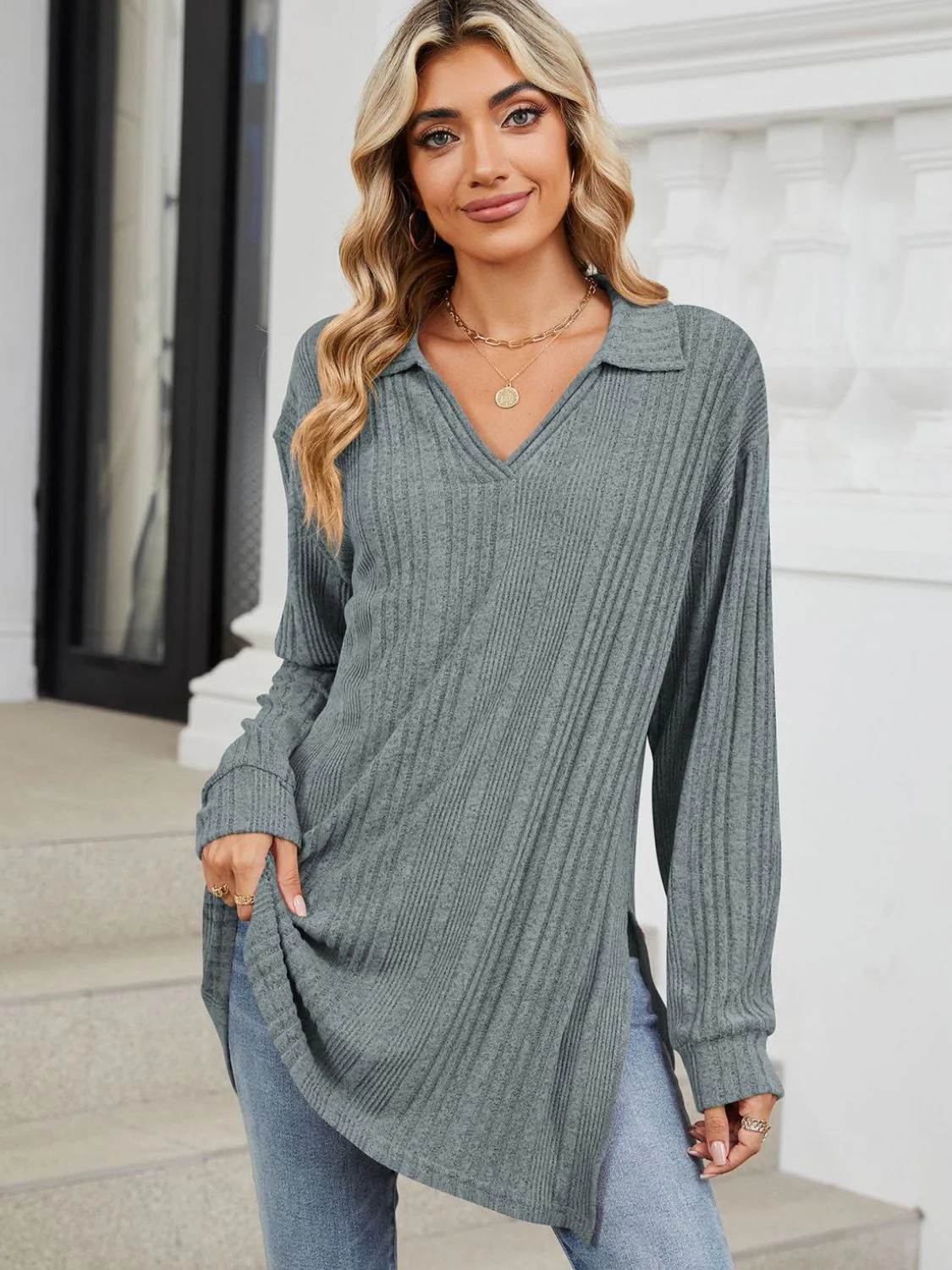 Slit Johnny Collar Long Sleeve T-Shirt - Image 6