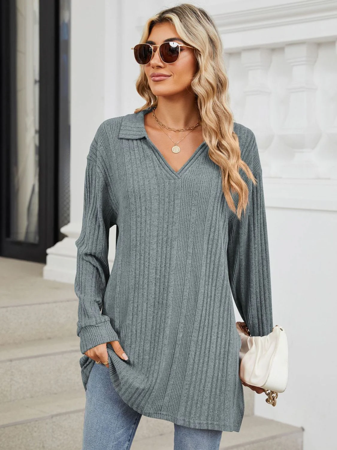 Slit Johnny Collar Long Sleeve T-Shirt - Image 9