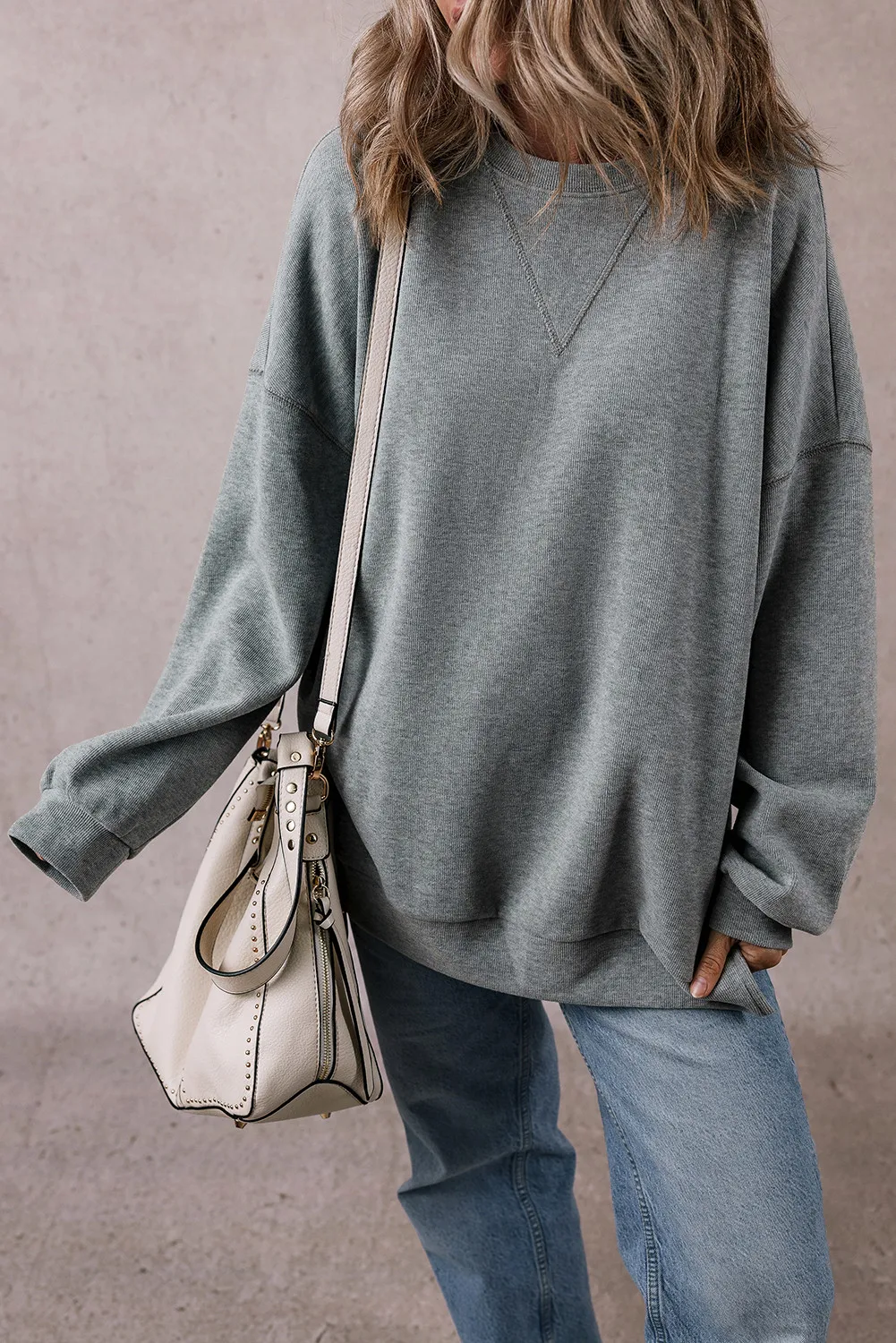 Slit Round Neck Long Sleeve Sweatshirt - Image 2