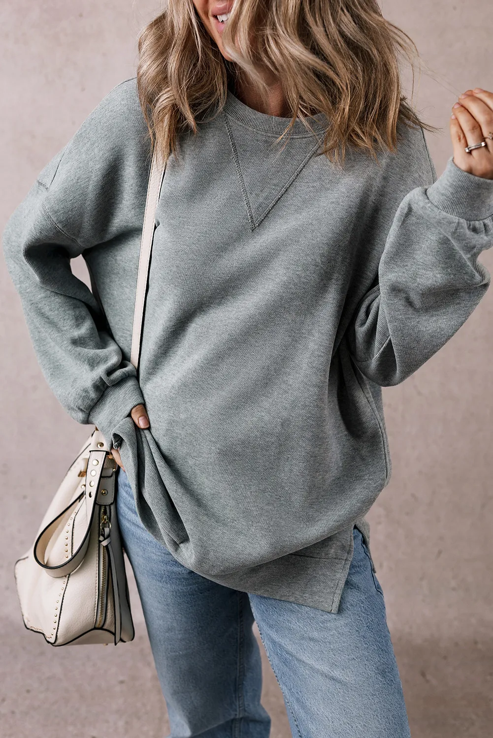 Slit Round Neck Long Sleeve Sweatshirt - Image 3