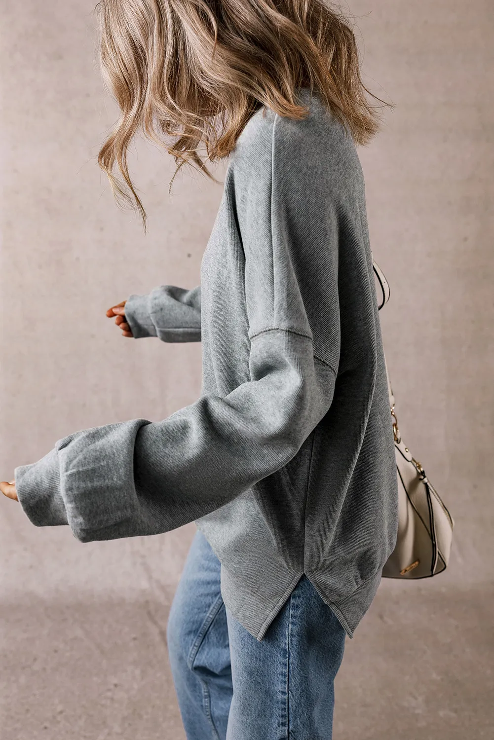Slit Round Neck Long Sleeve Sweatshirt - Image 4