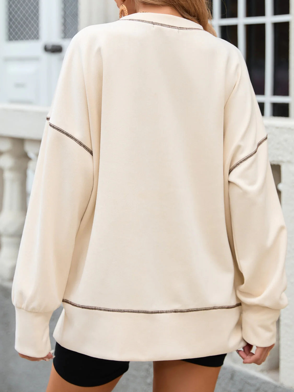 Slit Round Neck Long Sleeve T-Shirt - Image 2