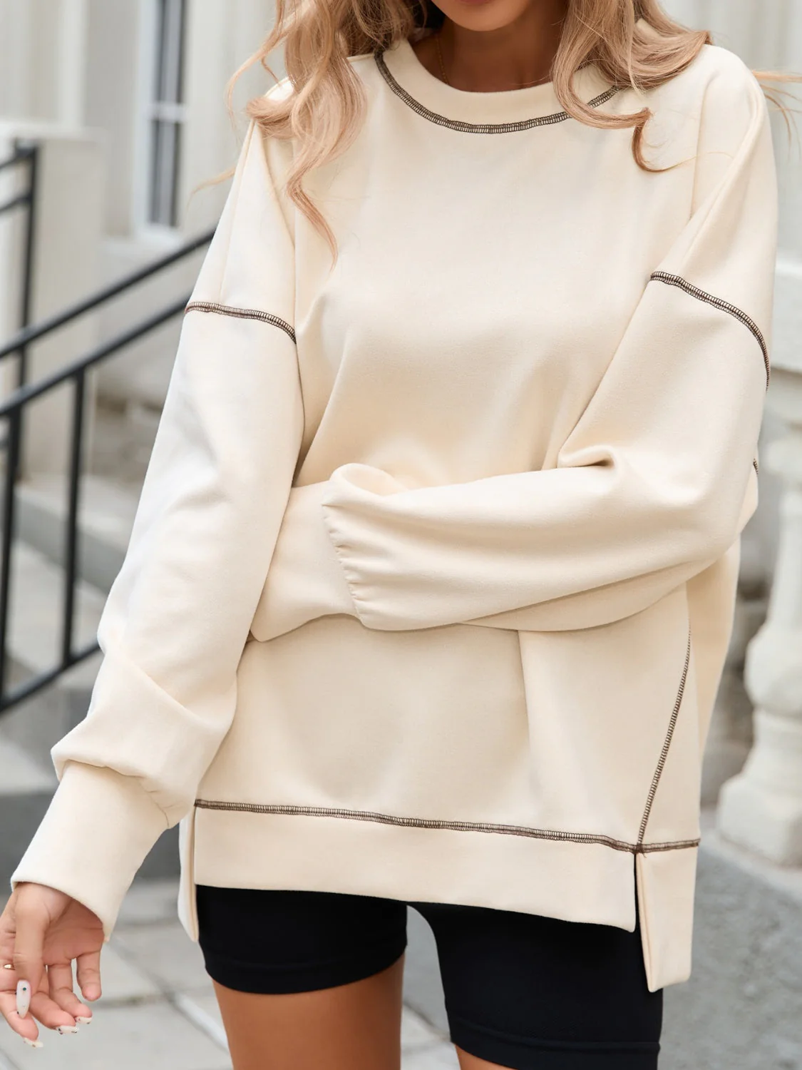 Slit Round Neck Long Sleeve T-Shirt - Image 3