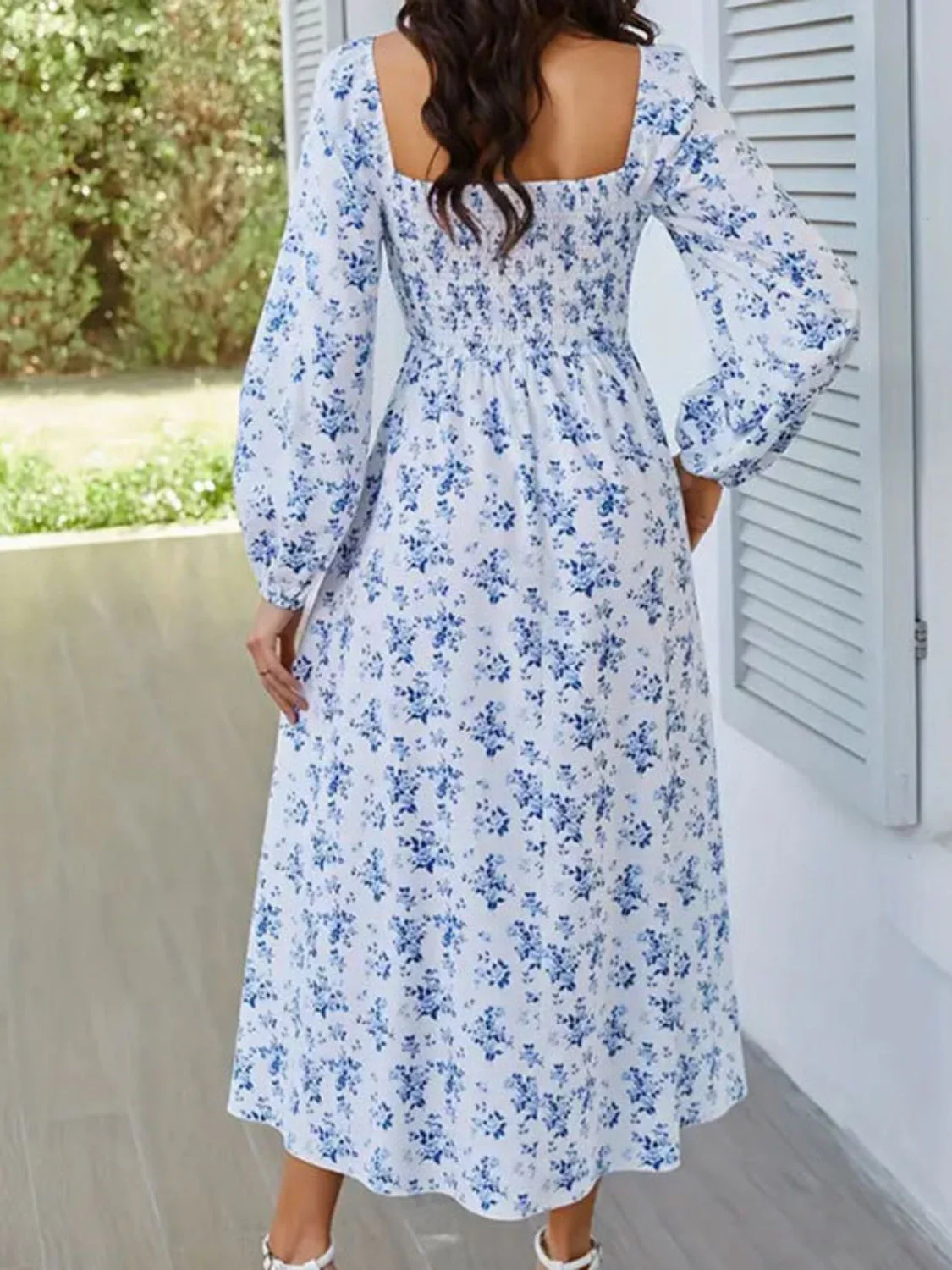 Slit Smocked Floral Square Neck Balloon Sleeve Midi Dress - Image 10