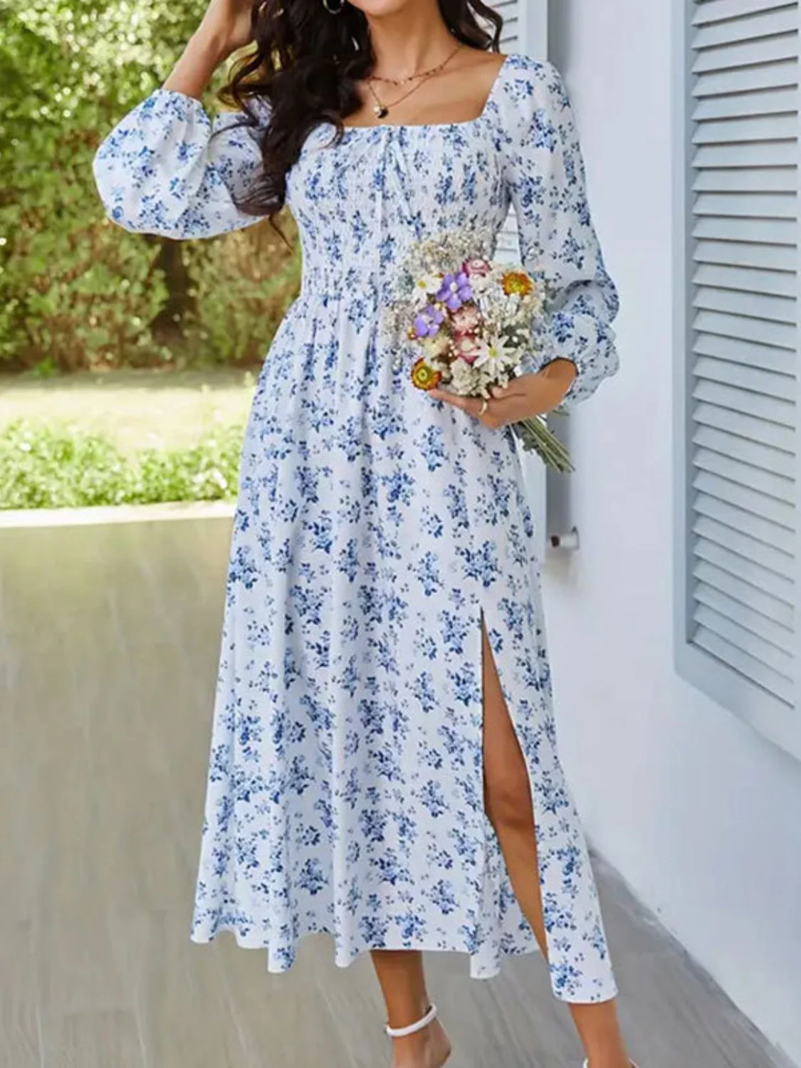Slit Smocked Floral Square Neck Balloon Sleeve Midi Dress - Image 11