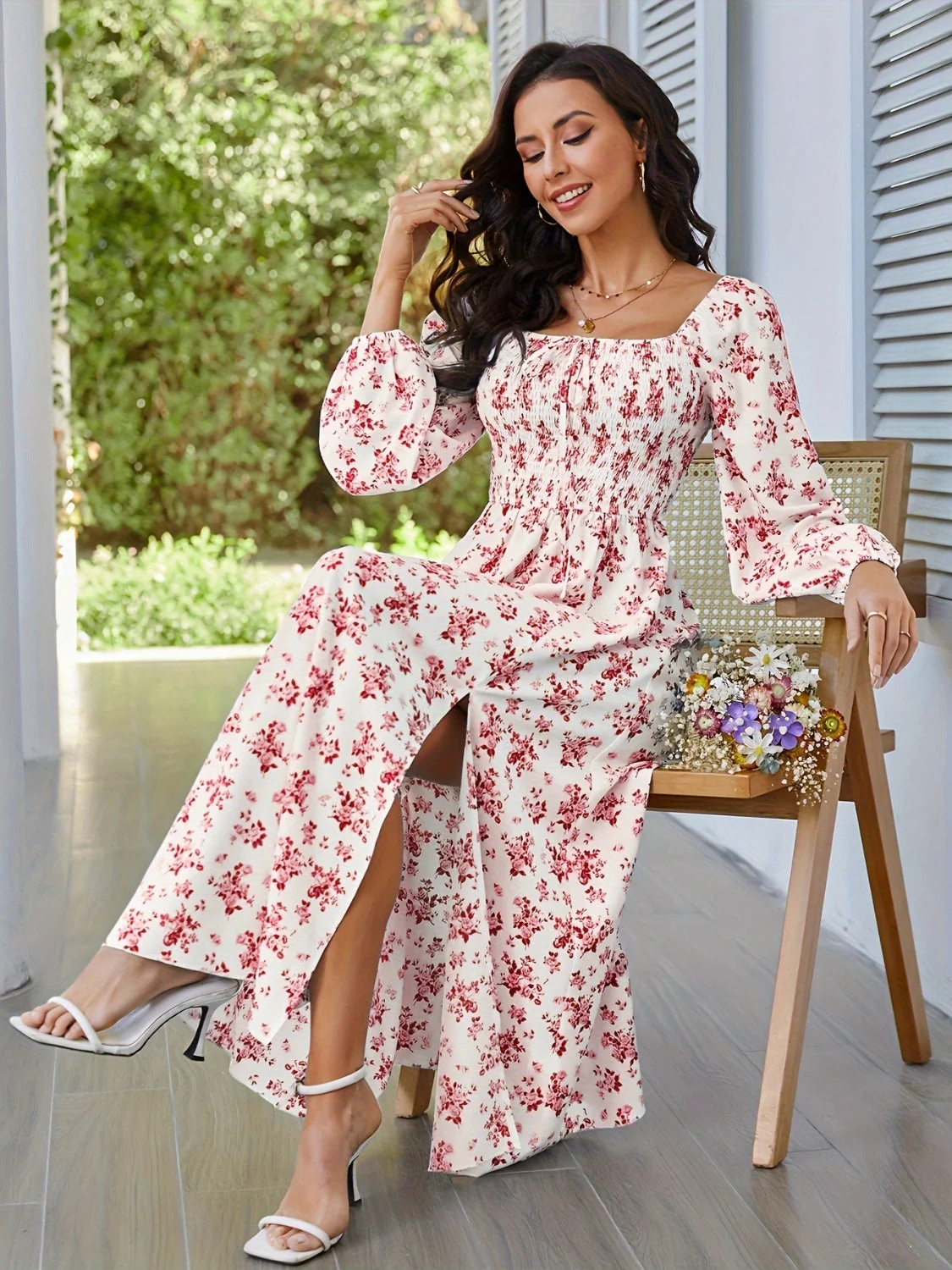 Slit Smocked Floral Square Neck Balloon Sleeve Midi Dress - Image 4