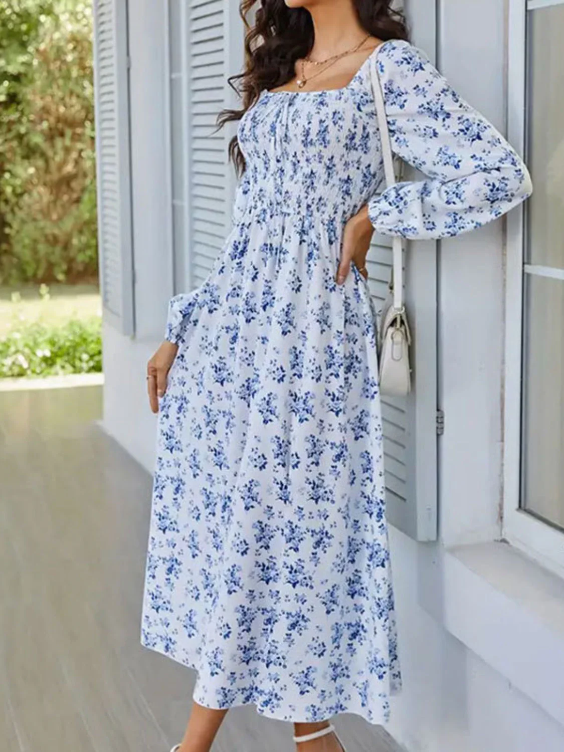 Slit Smocked Floral Square Neck Balloon Sleeve Midi Dress - Image 8