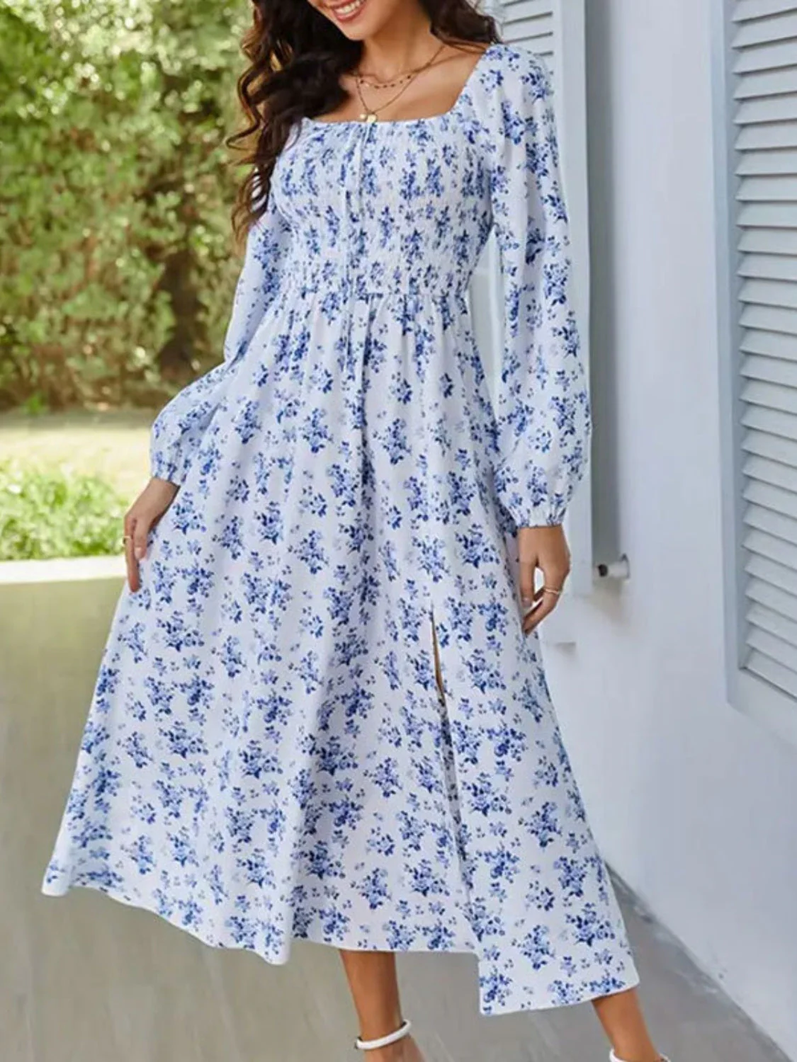Slit Smocked Floral Square Neck Balloon Sleeve Midi Dress - Image 9