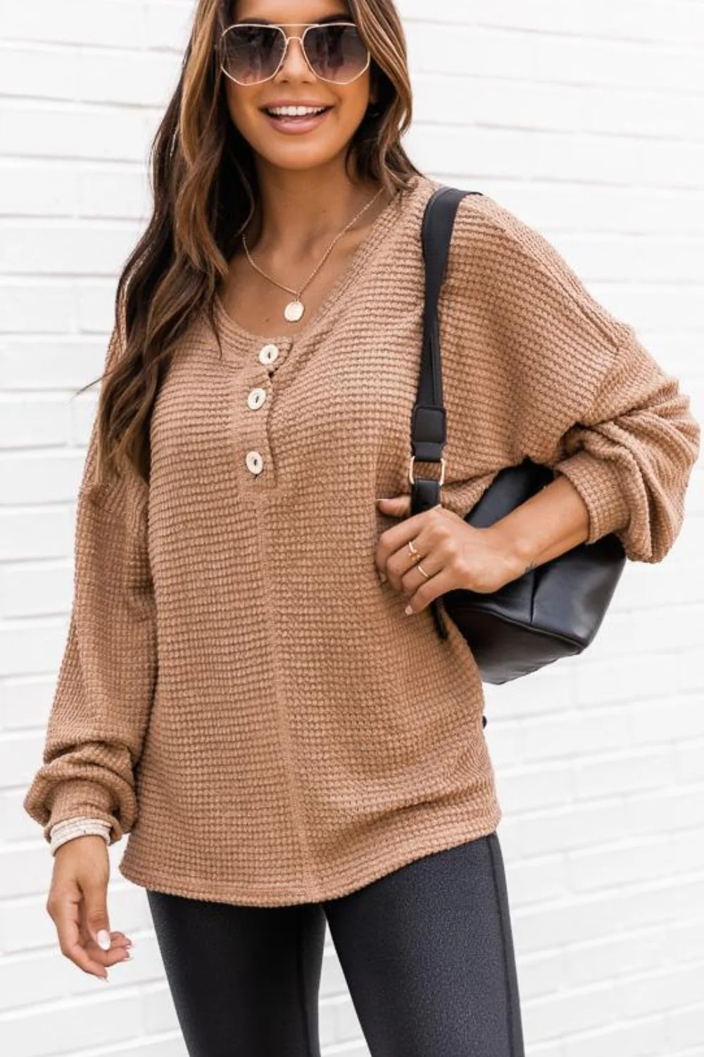 Slit Waffle Knit Long Sleeve T-Shirt - Image 4