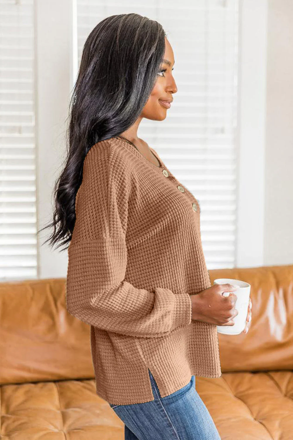 Slit Waffle Knit Long Sleeve T-Shirt - Image 5