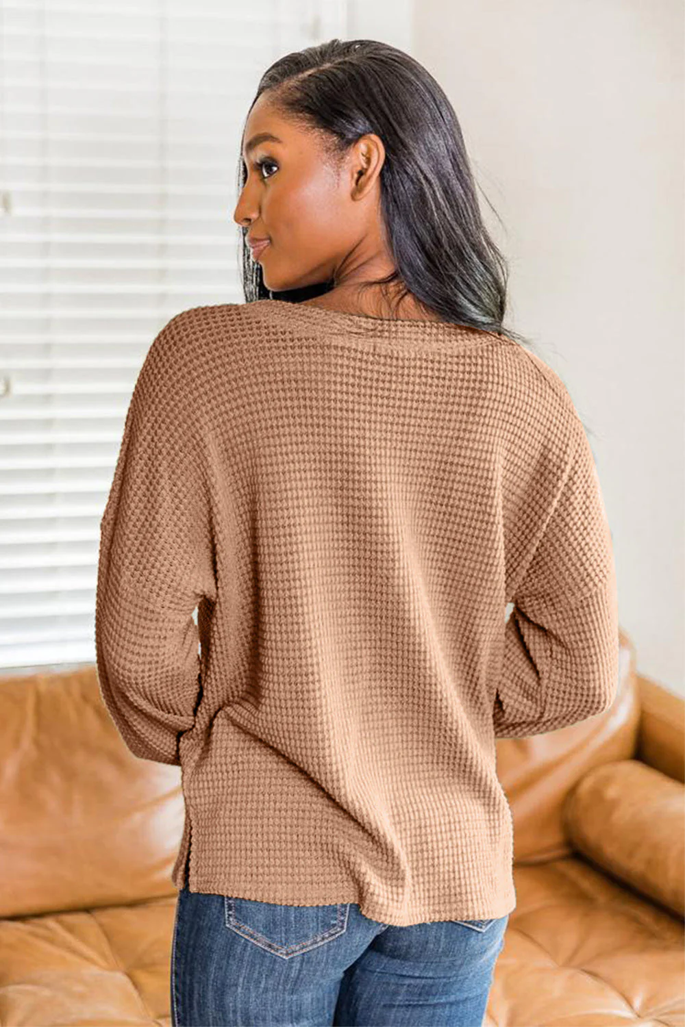 Slit Waffle Knit Long Sleeve T-Shirt - Image 6