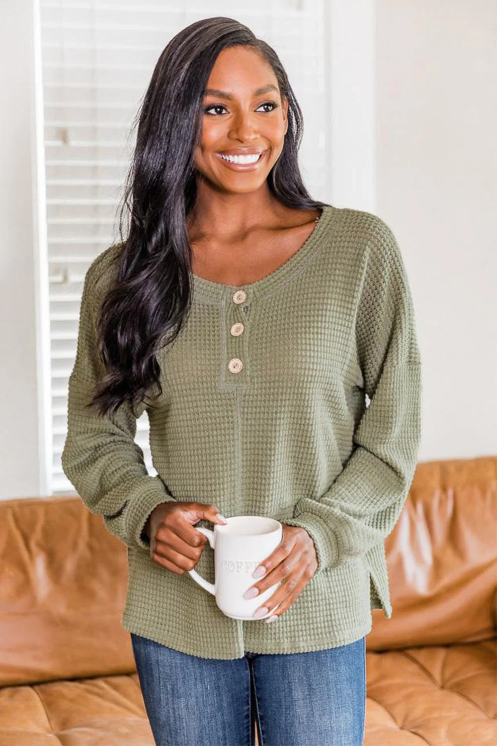 Slit Waffle Knit Long Sleeve T-Shirt - Image 7